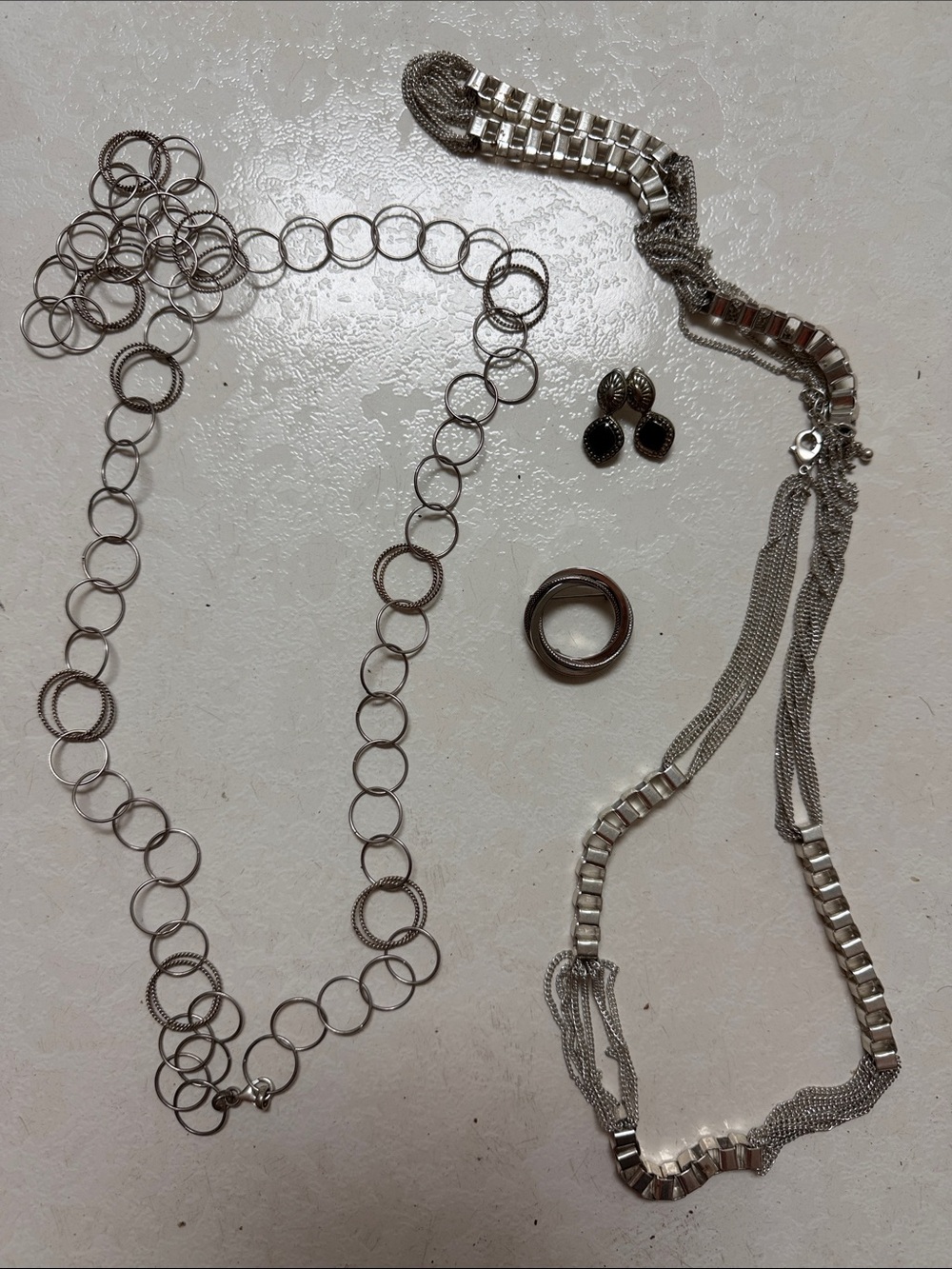 2 Silver-Tone Multi-Chain Necklace Set with Hoop Ring and Drop Earrings & pin